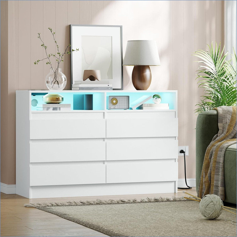 Commode 6 tiroirs avec station de charge et lumières DEL, commode moderne avec prise de courant, armoire de rangement pour chambre à coucher, salon, entrée