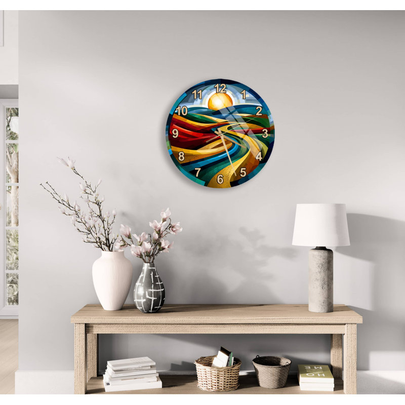 Horloge murale abstraite paysage abstrait en verre trempé, décor coloré Art moderne - horloge circulaire coucher de soleil vibrant, cadeau de maison unique