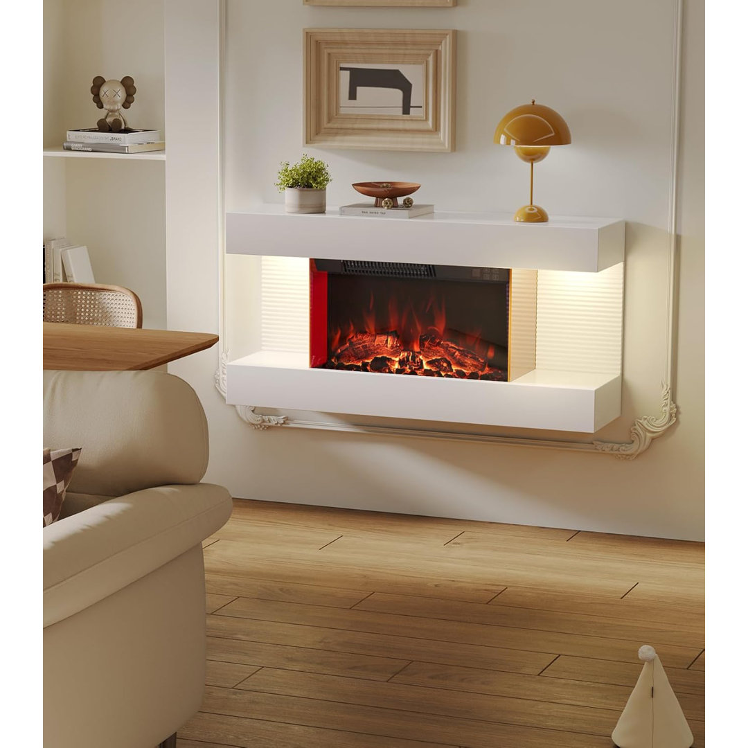 Wall Mounted Electric Fireplace With Multi Ambient Light Colors, Remote, 1800w Heater, White