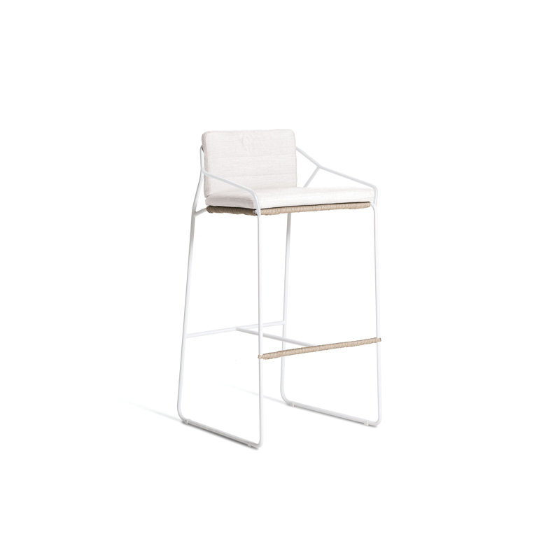 Tabouret de bar avec coussin Sandur, Toile Sunbrella® naturel, Corde d'argile / cadre blanc