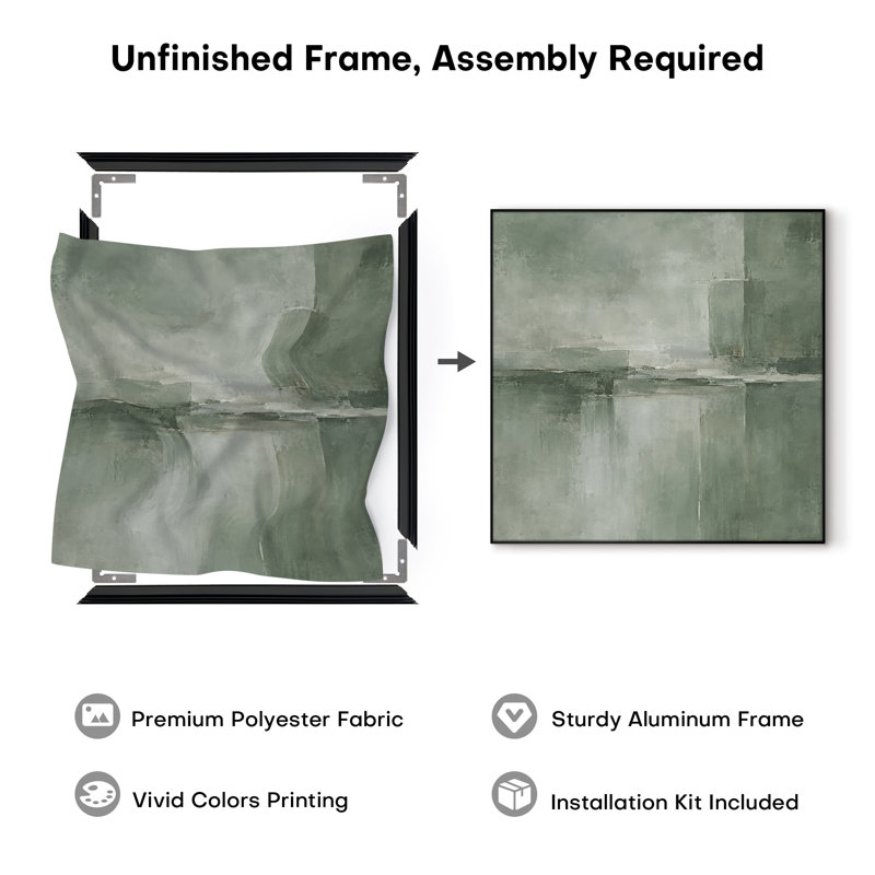 Impression sur tissu grand format - Paysage abstrait minimaliste vert sauge pour salon ou chambre - « Assemblage du cadre requis (cadre non fini) »