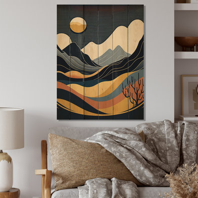 Lune jaune dans les montagnes III - paysage de montagnes, art mural en bois - bois de pin naturel