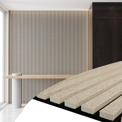 4PC x  106"L x 12.6"W  Acoustic Slat Wall Panels, 3D Faux Stone Soundproof & Waterproof Decorative Panels, (Set of 4/37.1 sq. ft.) - Beige