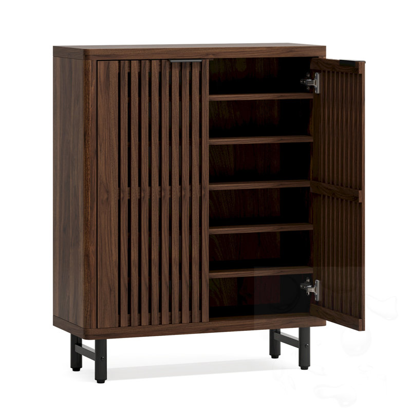 Armoire à chaussures en bois à 6 niveaux avec portes à persiennes, Dark Walnut
