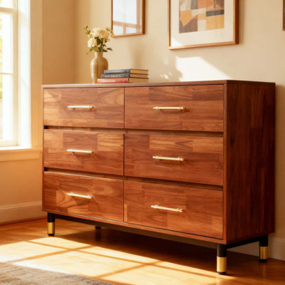 Walnut Dresser for Bedroom, 6 Drawer Brown Wood Dresser with Modern Storage Organizer, Wide Chest of Drawers for Clothes, Closet, Living Room