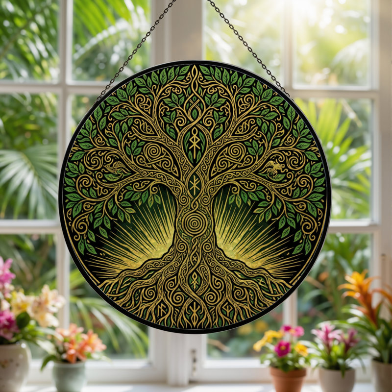 Panneau de vitrail 12 "H Tree Of Life, H 12 po x l 12 po