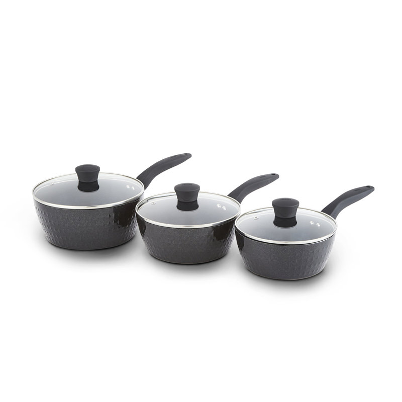 Tower T900131 TowerDiamo 3 Piece Cookware Set, 18cm/20cm/22cm Saucepans with Tempered Glass Lids, Black Diamond Non-Stick Ceramic Coating, Black