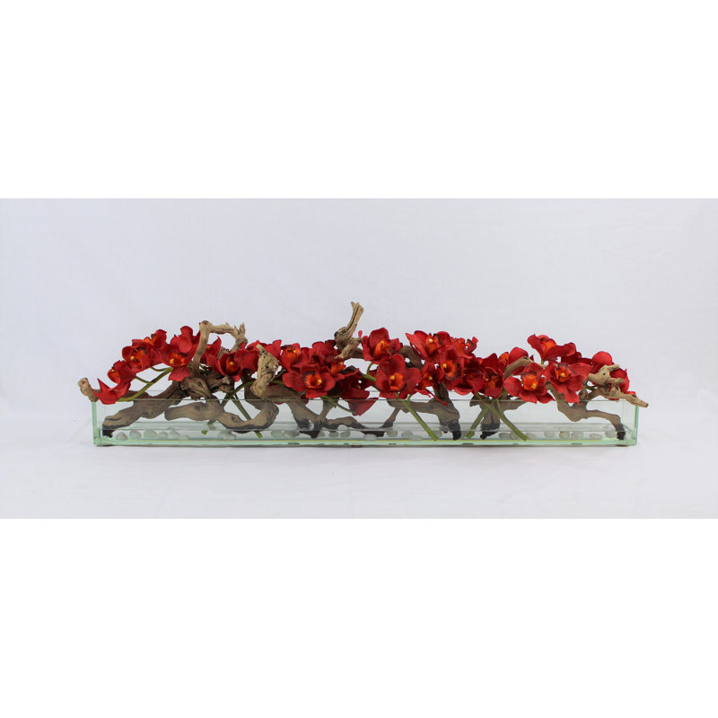 Centre de table orchidée Driftwood Cymbidium, H 16 po x l 48 po x P 4 po, Rouge