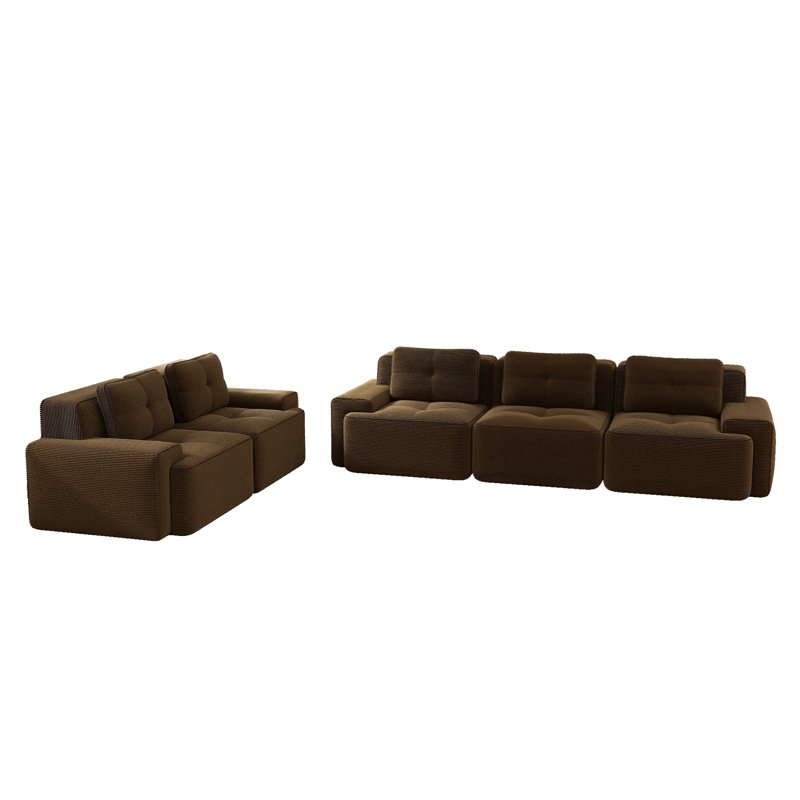 Ensemble de salon capitonné en velours côtelé 2 pièces pour 5 personnes, sans assemblage, 2 pièces: 1 canapé, 1 causeuse