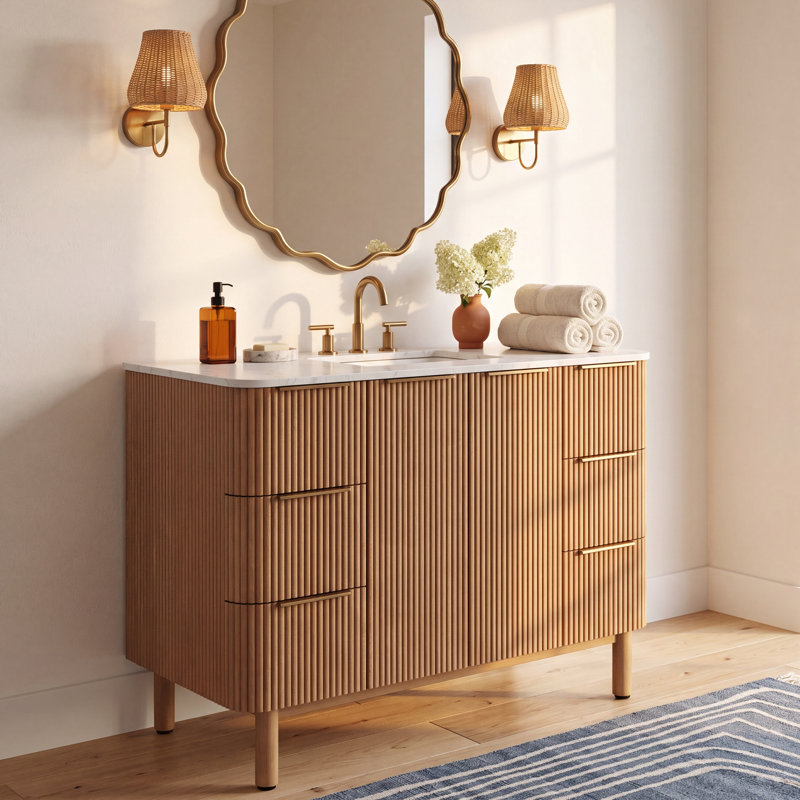 Nova 42" Marble Top Single Sink Vanity, Natural Reeded Birch
