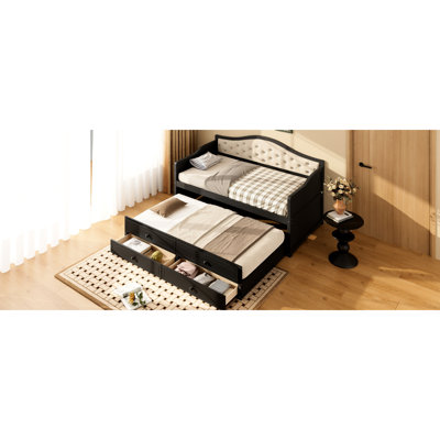 Twin Daybed With Trundle And 2 Storage Drawers, Upholstered , Space For Small Spaces