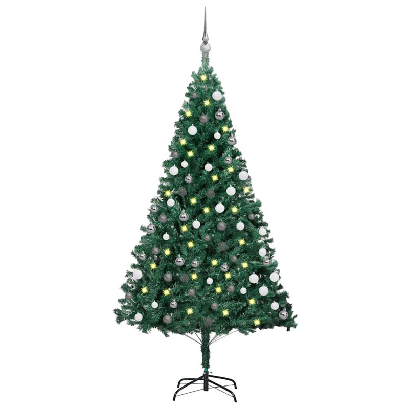Arbre de Noël artificiel avec lumières, 59.1", Blanc, avec 61 boules blanches / grises