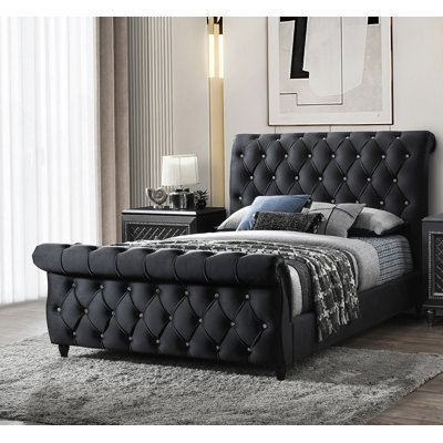 Exquisite Panel Bed With Deep Button Tufts And Diamond-Stitched Pattern, Featuring Curve Headboard And Footboard For Bedroom Luxury