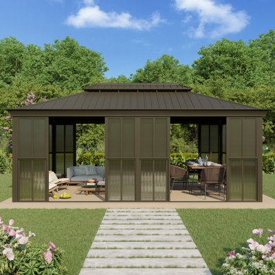 20 x 12 FT Outdoor Hardtop Sunroom Gazebo, Fully Enclosed Patio Solarium with Galvanized Steel Double Roof, Aluminum Frame, Lockable Sliding Doors & Slideable PE Screen Windows, All-Season Outdoor Gazebo for Backyard, Deck & Hot Tub