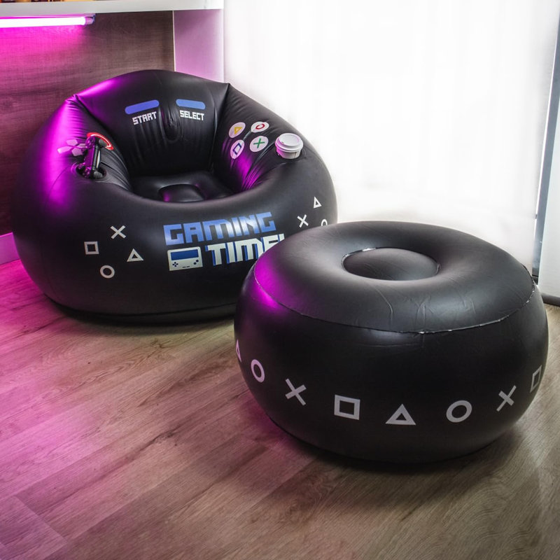Inflatable Gaming Chair for Kids & Teens with Cup Holders and Side Pocket - This Air Bean Bag Game Chair is The Perfect Furniture for Gamer Room Décor (Gaming Time with Ottoman)