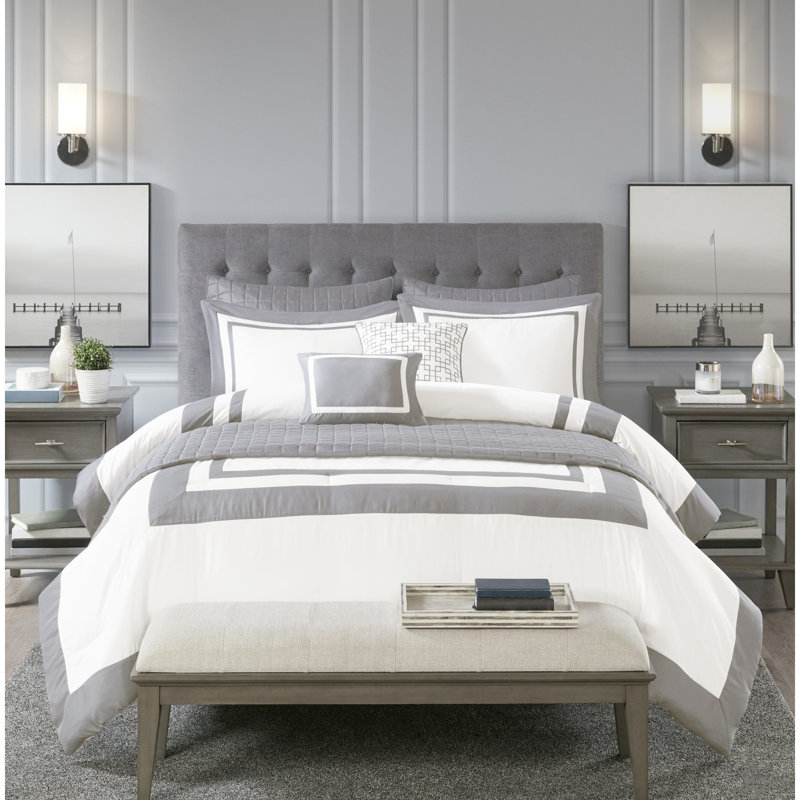 8 Piece Bedding In Grey Full/Queen - Comforter With Solid White Reverse Quilt Stylish Quilting