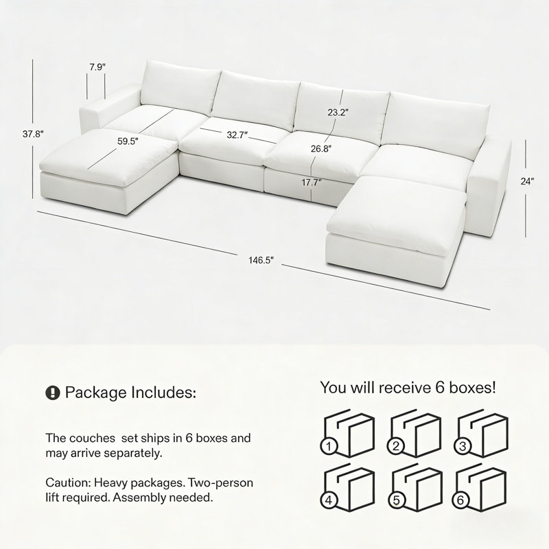 146.5" Wide Cloud Couch, U-Shaped Comfy Sectional Sofa With 2 Storage Ottomans For Living Room