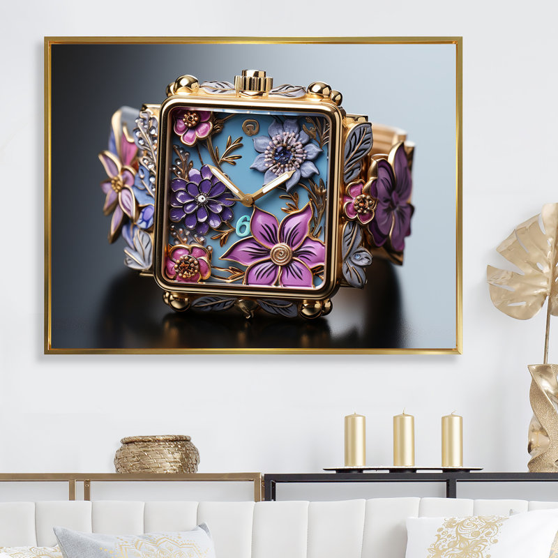Popart fantaisiste, montres de jardin sur toile, Cadre flottant doré, H 30 po x l 40 po x P 1,5 po