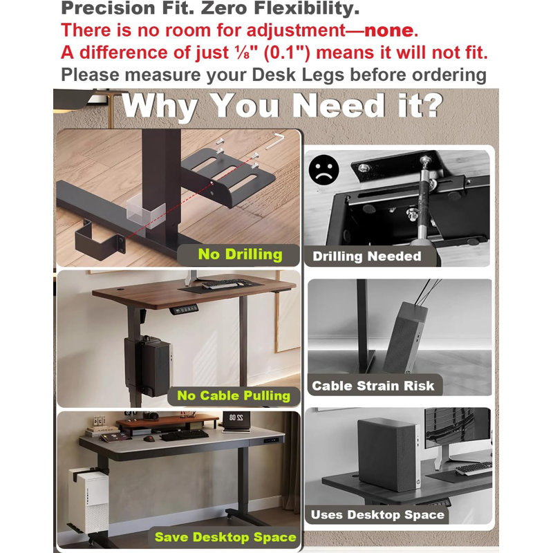 Under Desk PC Mount With No Drilling Installation, 40 Lb Capacity Computer Tower Holder, Adjustable Height And Width For Standing Desks With Non-Slip Protection