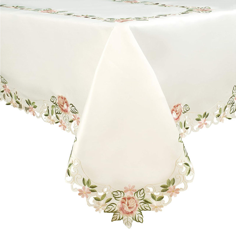 Albina Light Green Tablecloth with Lace Embroidery and Cutouts for Elegant Dining and Christmas Decor, Silver