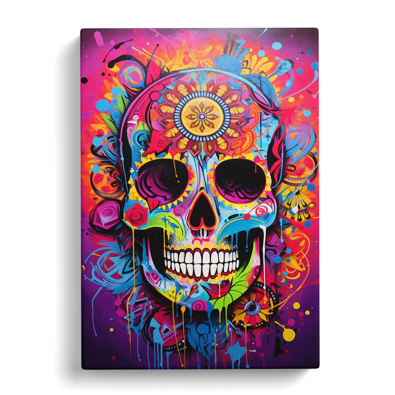 Sugar Skull Action Painting Art No.2 - Wrapped Canvas, 50cm H x 35cm W x 3cm D