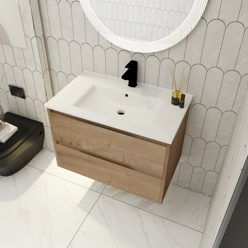 Iymona 30" Single Wall-Mounted Bathroom Vanity Set, Floating Bathroom Vanity with 2 Drawers, Ceramic Basin Sink Top, White