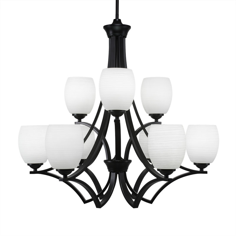 Zilo 9 Light Uplight Chandelier Shown In Matte Black Finish With 5" Cayenne Linen Glass, White, Matte Black
