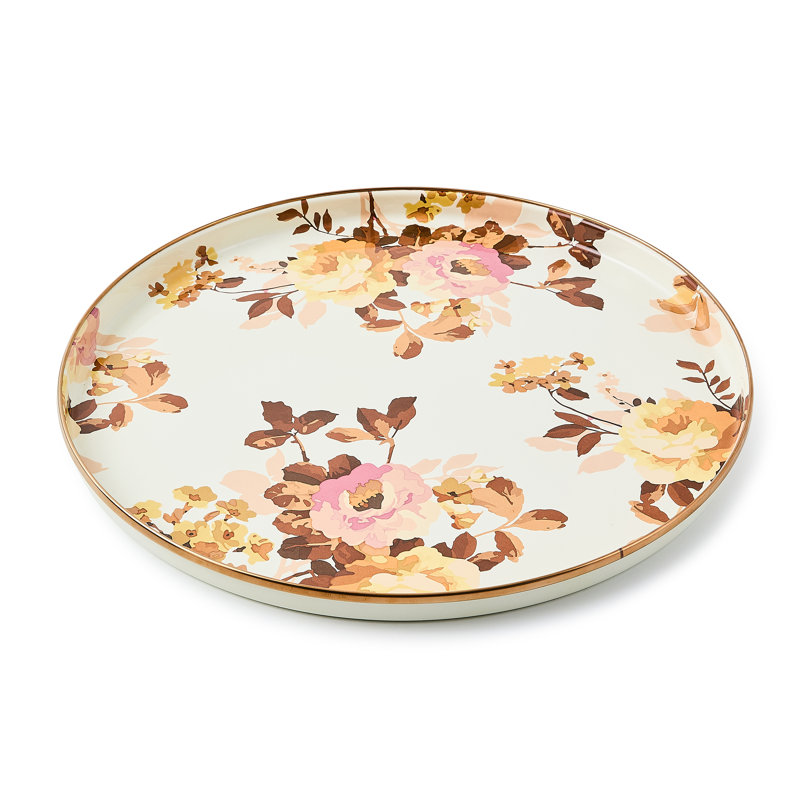 Mocha Check Wild Rose White Round Tray
