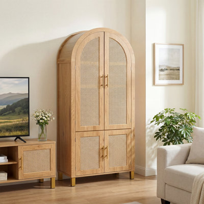 Grande armoire arquée 71 po avec portes en rotin et tablettes réglables, armoire de rangement de style campagne moderne à 4 portes avec supports intégrés pour la cuisine, la salle à manger et le bureau
