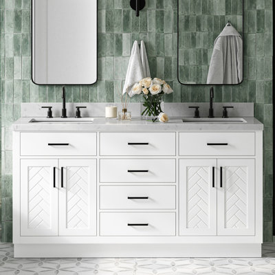 Chevron 66 Inch Double Rectangle Vanity Bathroom Vanity with Carrara White Quartz Countertop 1.5 Inch in White