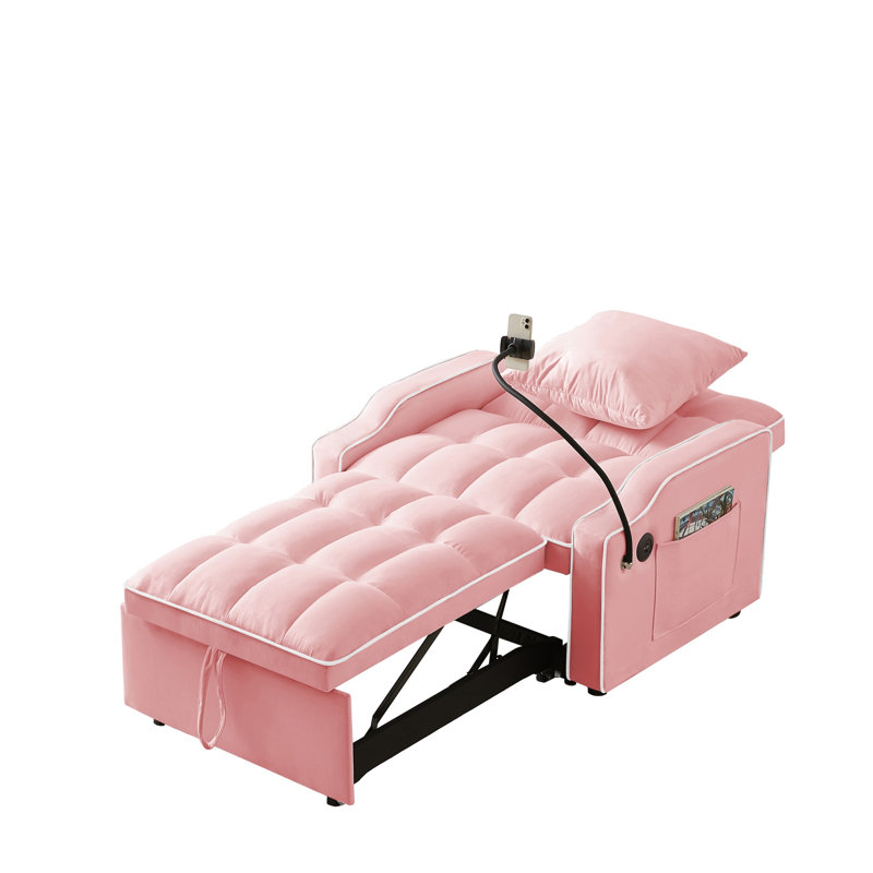 Canapé-lit 3-en-1, dossier réglable avec ports USB et Type-C, Rose