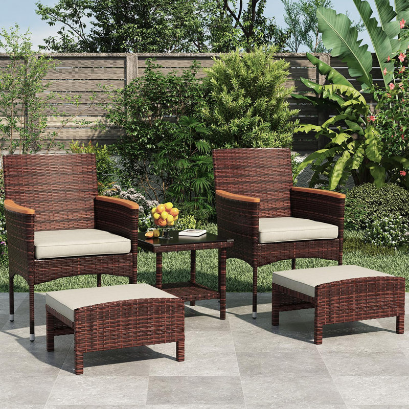 5 PCS Outdoor Patio Furniture Set with Table&Ottoman Outdoor Furniture Patio Set Bistro Wicker Patio Set (Brown Wicker&Khaki Cushion)