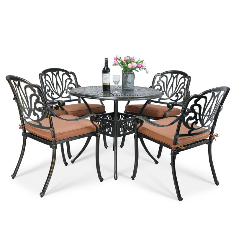 Heros 4 - Person Patio Dining Set with Round Table , Cushions Included, Khaki/Antique Bronze