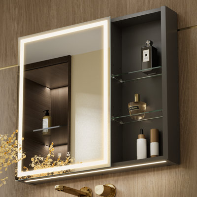 Ladell 30'' W 28'' H LED Bathroom Medicine Mirror Cabinet, Defog, Dimmable, 3-Color Mode, Outlets & USBs