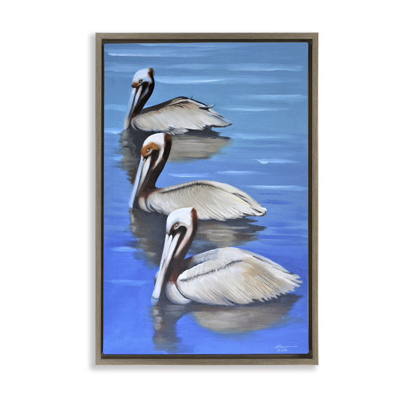 «Pelican Trio Drifting», toile flottante encadrée dorée par D. Rust, Cadre flottant orme Montalcino, H 31 po x l 21 po