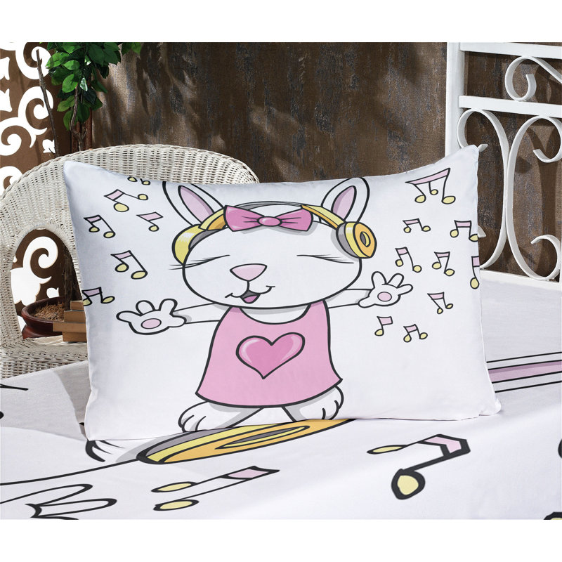 Ensemble de draps et taies décoratives Ambesonne Bunny, rose pâle / jaune, Ensemble de draps pour lit double + 1 drap-housse 