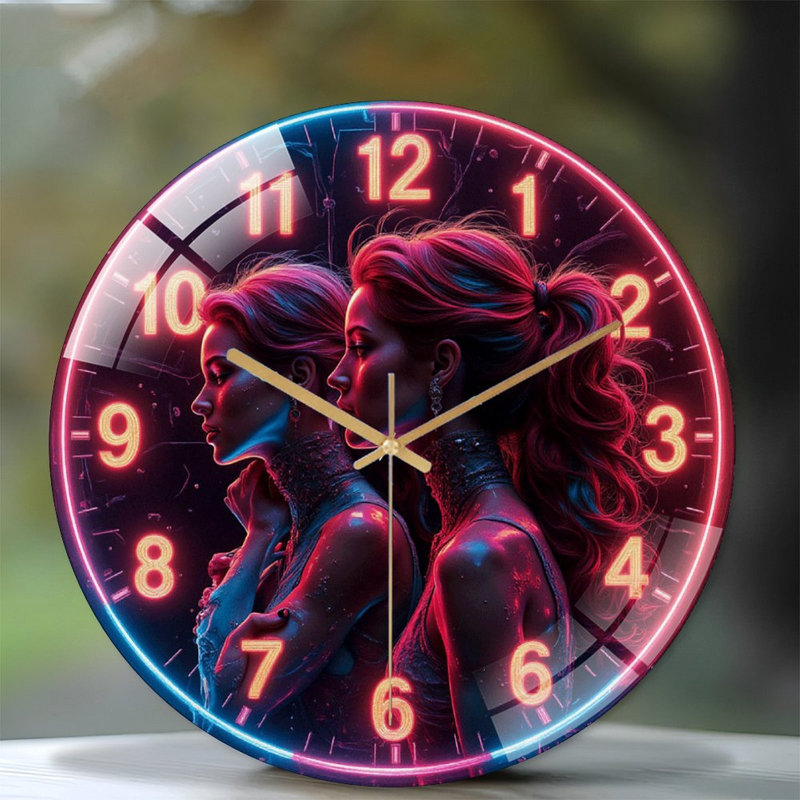 Neon Wall Clock with Unique Artistic Design And Glow Art - 12'' Modern Glass Wall Clock