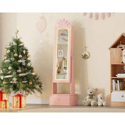 LED Vanity Mirror with Jewelry Storage, Princess Style Wooden Armoire with Lights and Drawers for Girls Dress-Up, Freestanding Dresser with Jewelry Organizer.