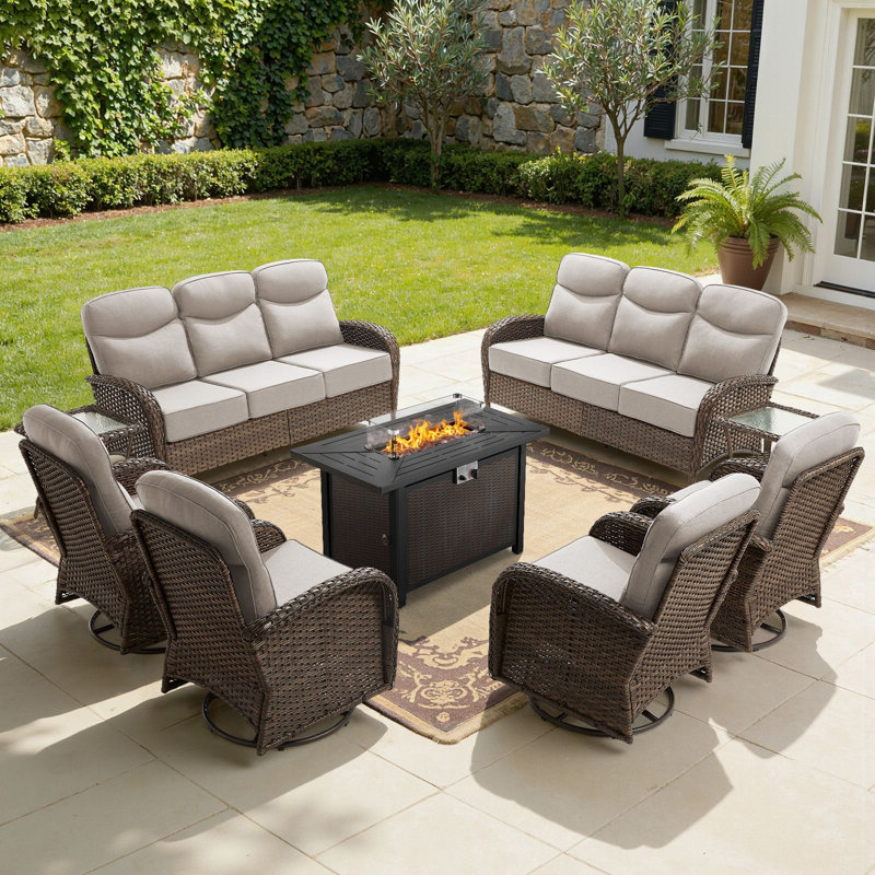 10 - Person Fire Pit Outdoor Wicker Conversation Furniture Set With 6" Cushions, 55,000 BTU Propane Table, Beige