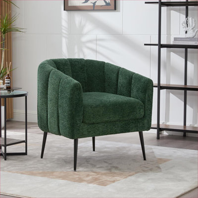 Living Room and Bedroom Seating | Soft Green Chenille Barrel Accent Chair by, Modern Channel Tufted Single Lounge Chair with Black Metal Legs