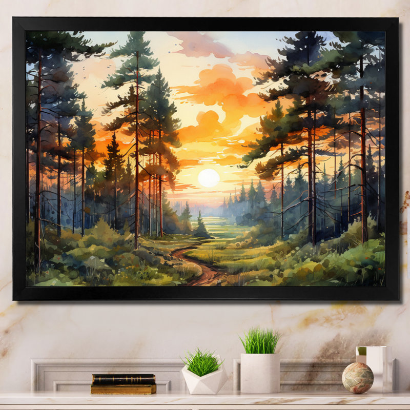«Pine Tree Sunset Glow I», art encadré pin, H 12 po x l 20 po x P 1 po, Cadre simple noir