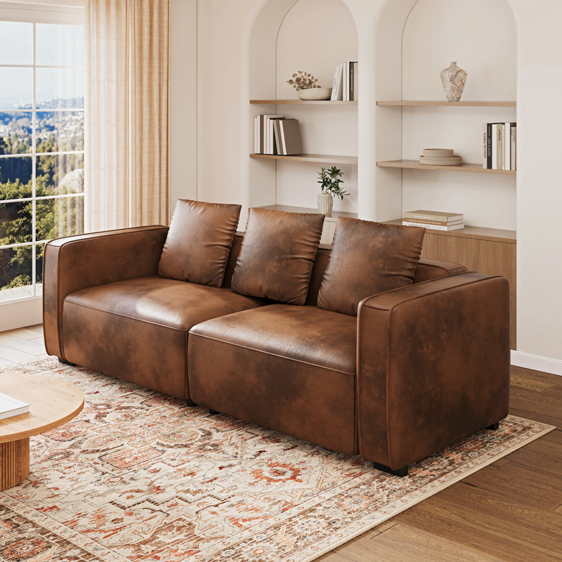 3 Seater Faux Leather Sofa, Brown/Black