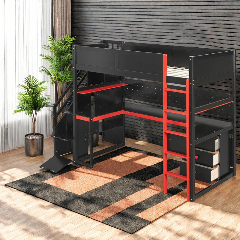 Lit mezzanine simple multifonctionnel avec rangement, design noir et bois