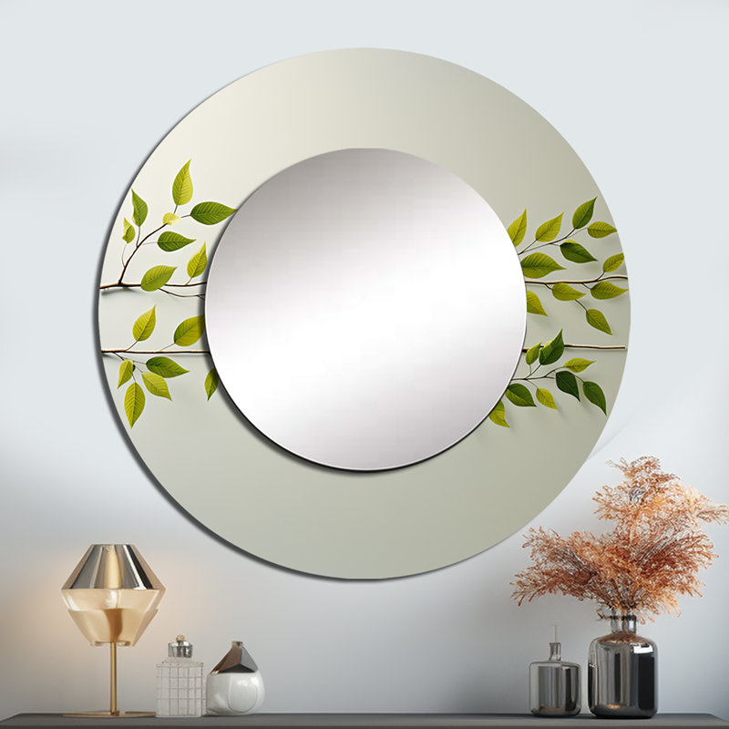 «Green Ferm Simple Collage - Leaves», miroir décoratif rond traditionnel, impression sur métal, 36 po x 36 po