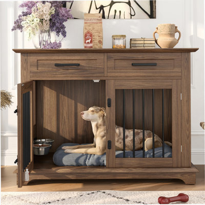 Armoire décorative, meubles de caisse pour chien, chenil d'intérieur en bois avec tiroirs de rangement et bols rotatifs pour chiens de taille moyenne