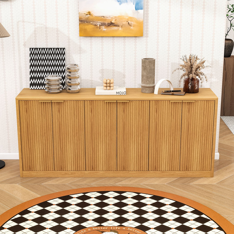 Wavy Sideboard with 6-Door Storage Cabinet, Multi-Functional TV Stand or Buffet Table for Living Room, Natural