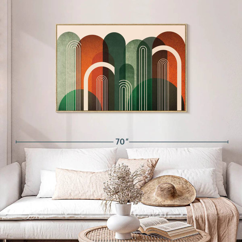 Arches du milieu du siècle, orange, vert, Cadre flottant en bois naturel, 43 po x 29 po