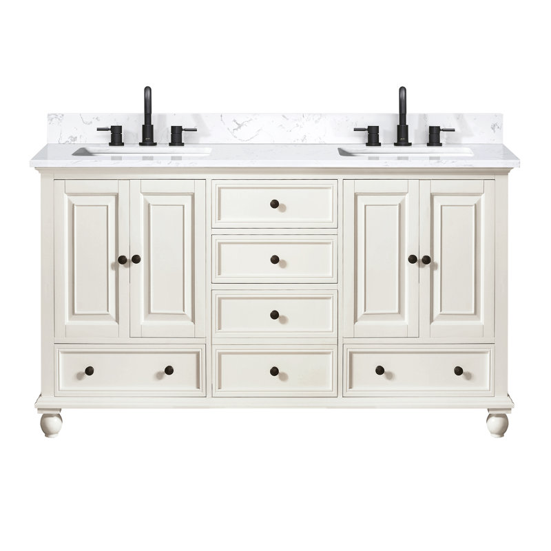 Thompson 61" Double Modern Bathroom Vanity Set, French White, Cala White, 60"