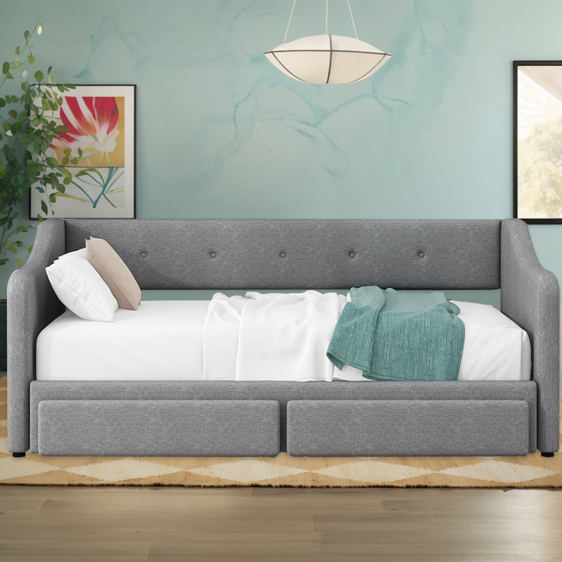 Lit de jour convertible simple TG à très grand lit avec design rembourré et tiroirs de rangement, Gris