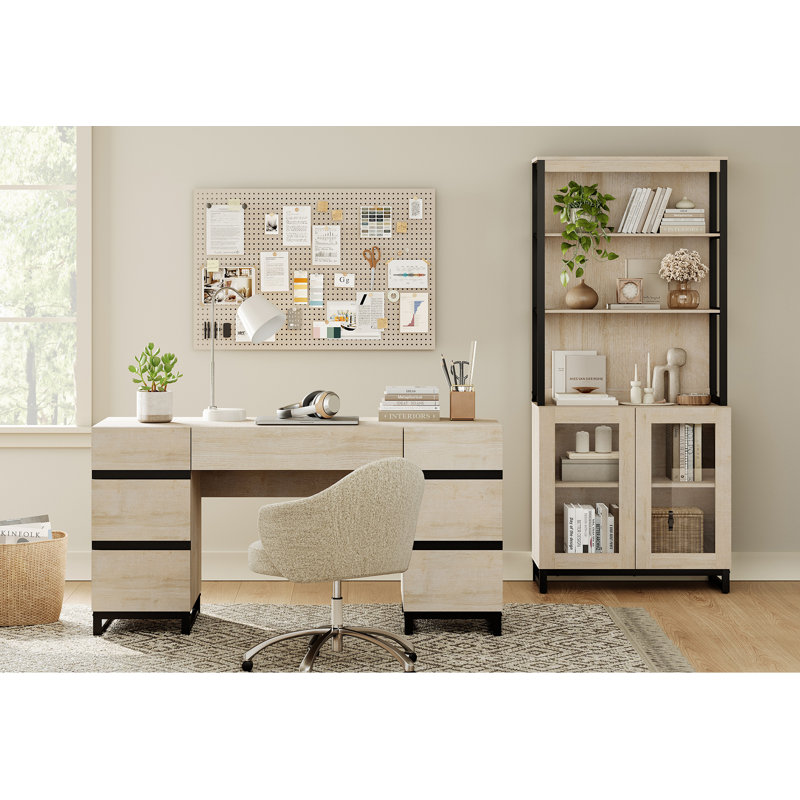 WAMPAT Home Office Set: 59" Modern Desk With Charging Station And Storage Cabinet, 72" Tall Bookcases With Adjustable Shelves, Wood Computer Desk And Library Storage Cabinet For Work Study